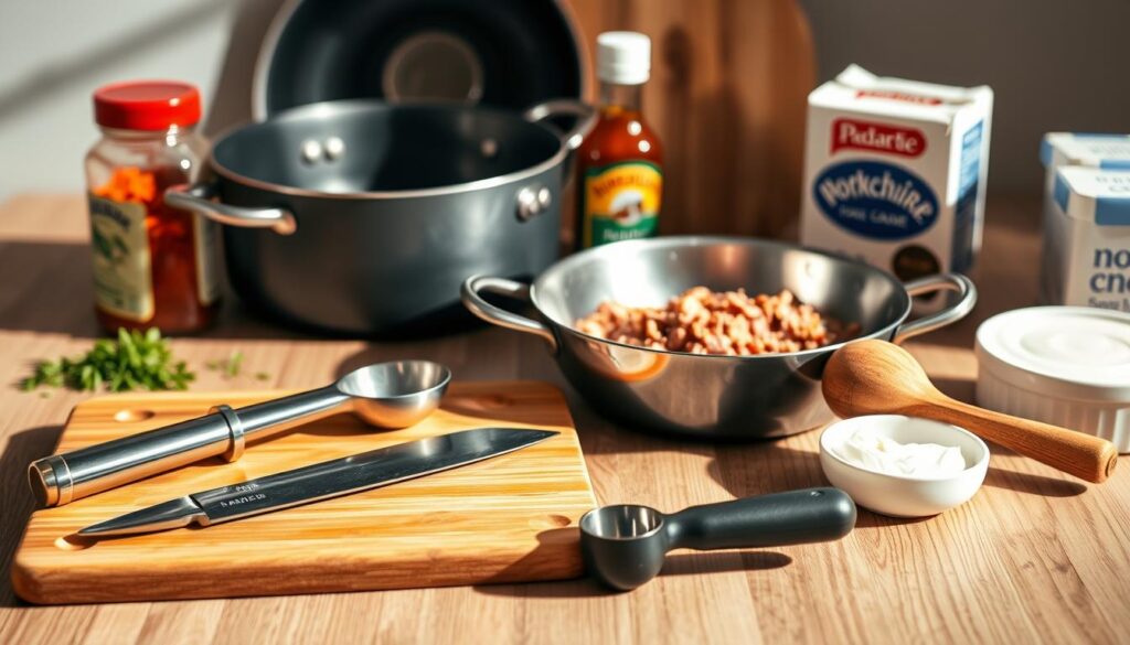 Kitchen tools for ground beef stroganoff preparation Kitchen tools for ground beef stroganoff preparation